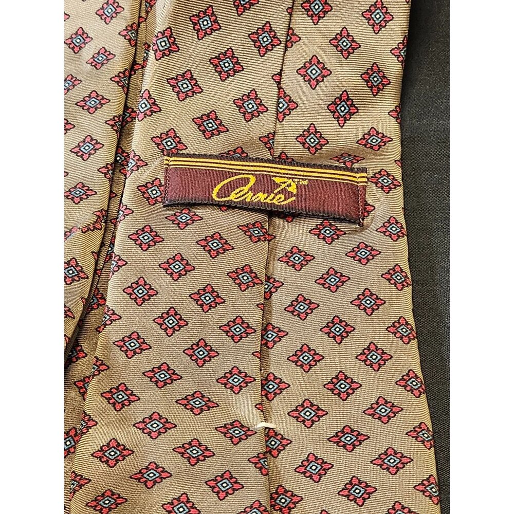 Vintage Arnie Men's Silk Tie With Geometric Pattern In Tan & Red - Picture 3 of 9